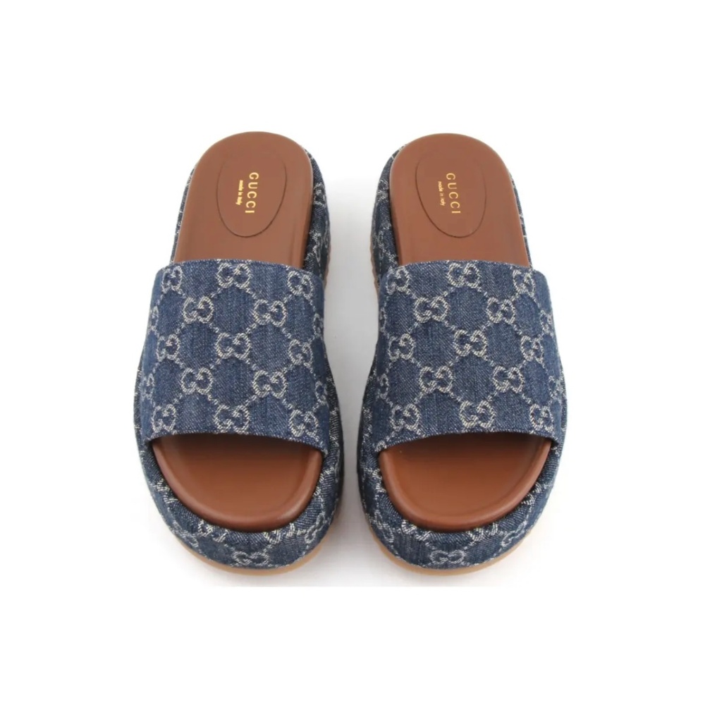 Gucci Platform Slides Angelina New Denim GG Blue Tea Platform Sandals Size EU 39 - Picture 3 of 4